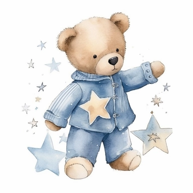 watercolor teddy bear boy with a big star , blue shirt, clipart, white background, cute dreamy, soft subtle colors , by beatrix potter