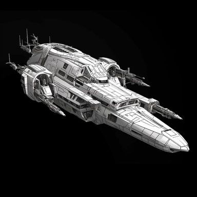 LARGE futuristic spaceship white outline,clipart, Black Background, Detailed ship, Metalic HULL, high quality