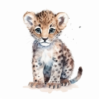 a graceful baby leopard with kind eyes clipart with watercolor illustration,full body shot,8k,etsy style, white background