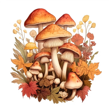 *A retro illustration for botanical poster of different sized mushrooms with botanical fall leaves, and acorns clipart surrounded with flowers and art nouveau details, beautiful soft boho color palette, naturalist ink drawing, softly colored, epic composition on white background, 8k