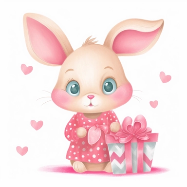 a shy baby Bunny with gifts Clipart, Peter rabbit, wearing a pink coat covered in hearts, Nursery summer Clipart, Easter Clipart, summer Bunny, Crafting Digital Paper, Mother’s Day, white background