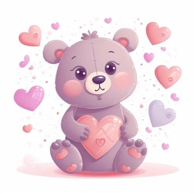 pink teddy bear with hearts clipart, vector cartoon childish illustration, flat illustration, pastel colors, white background, very low detail, ar 2:3