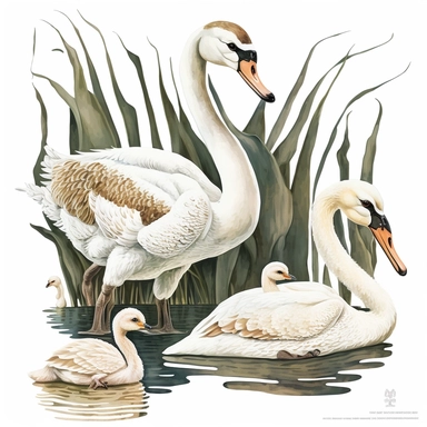 pair of swans with babies in their habitat clipart, white background