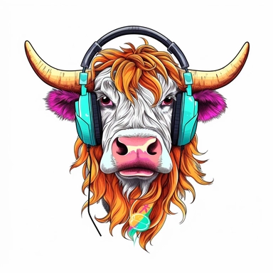 Cute Beautiful Retro 90s Color Cow Long Hair wearing headphones Sublimation Clipart,Cartoon, hyper realistic, intricate detail, illustration style,high solution,on the white background