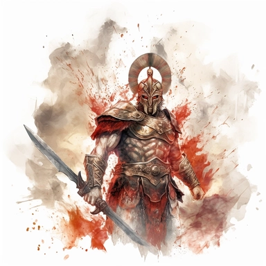 A watercolor clipart of Ares, the Greek god of war, depicted with a fierce and intense expression, adorned in armor and wielding a menacing weapon, surrounded by swirling clouds of smoke and fire, capturing the raw power and chaos of battle