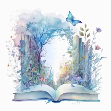 fantasy scene coming out of an open book, secret garden, florals, magical, watercolors, Clipart, pastel blue color theme