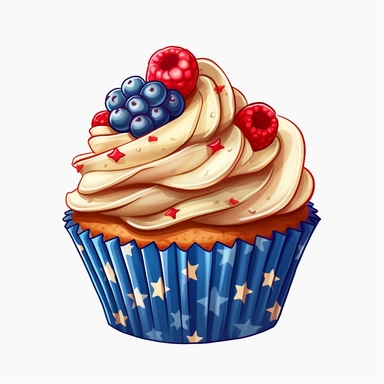 4th of July Patriotic Clip art of 4th of july patriotic cupcake, red, white & blue Full body realistic cartoon in 32K UHD cute, 8k with realistic watercolors and detailed illustrations. PNG clipart, Sublimation graphics, transparent white background for removing background - - no text shadow font watermark