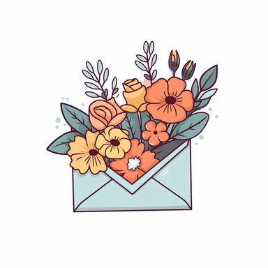 create a clipart cartoon featuring an open envelope with an aesthetic flower bouquet, minimalist, white background