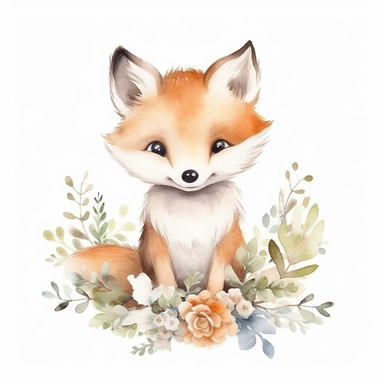 watercolor spring baby fox woodland creature on white backgroung, nursery decor, baby shower clip art, cute and whimsical design