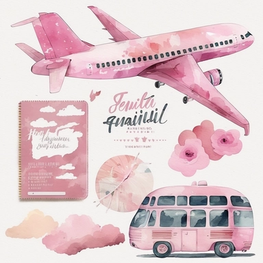 Travel Watercolor Clipart, 19 Pink girly ,airplane