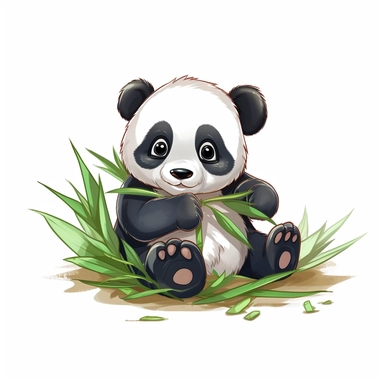 Generate a crisp clipart, pre-cropped image of a cute baby panda munching on bamboo leaves, pure white background