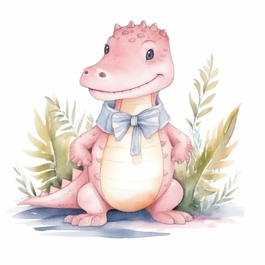 Nursery Watercolor Illustration clip art of cute pastel pink famale alligator walking on swamp water with a school bag white background