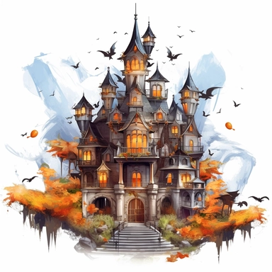 Clipart, oil paint, halloween palace with bats and pumpkins, smooth color, 8k white background,---q3