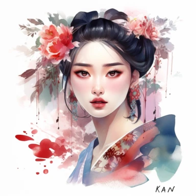 watercolor Disney Mulan with her makeup applied, clipart, white background, by Kawacy