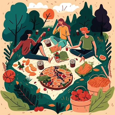 A drawing of a group of friends having a raw vegan picnic in nature, with a spread of fruits, vegetables, nuts, and seeds laid out on a picnic blanket CLIPART.