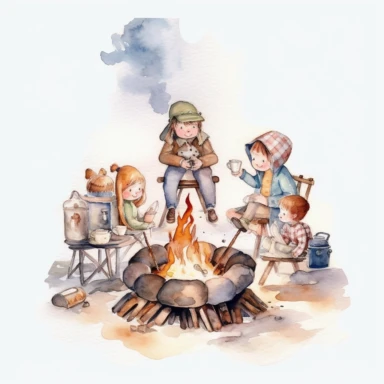 watercolor clipart campfire with people sitting around, and mashmallow, kettle