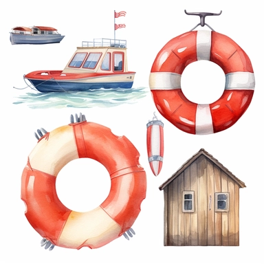 Watercolor beach lifesaver and lifeguard, illustrations clipart set, simple, , cartoon elements ,different variants , separate elements with a margin, wooden and plastic elements elemets, helicopter, lifesaver boat, jetski ,4k, high resolution