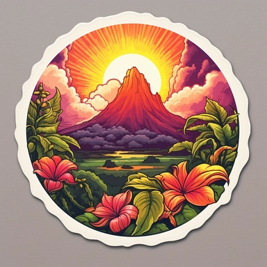 volcano erupting, close up, a sticker, artwork of t shirt graphic of majestic forest, in digital painting style , beautiful flowers, sunset mountains and clouds , big vines, stone temple covered in vines, white background, colorful fantasy flower surround, highly detailed clean, vector image, photorealistic masterpiece, professional photography, realistic, flat white background, isometric, vibrant vector, clipart, illustration, realism, 4k, , cinematic, front view, white background, paradise, ex