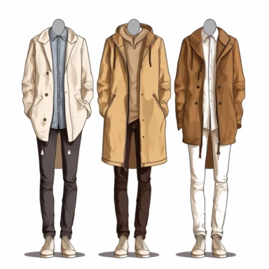2d illustration of 3casual outfits, fashion illustration, clipart, illustration brown longline jacket with white shirt, on mannequin, white background, 360dpi, high resolution