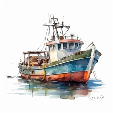 Fishing boat clipart, watercolor illustration, simple, clean, ultra-realistic, isolated on the white background, bright colors, very detailed, hd
