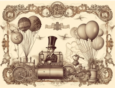 blank ephemera paper page with ornate border illustrations vintage steampunk era elements, airbaloons, trains, gears and engines pencil sketch , greeting card design, old botanical books style drawing, vintage, distressed textures, muted colors, craft paper texture, handwriting lines in background, pen and ink on paper with watercolor washes Watercolor, vector, white background, rice paper texture, clipart, flat illustration, outlined , Vector, 4K, Art station, digital print, highly detailed cle