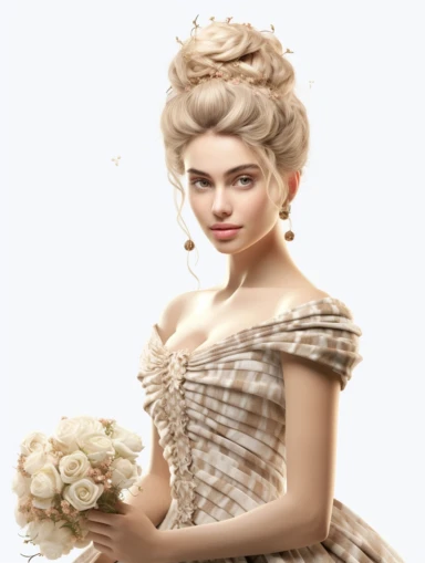 enchanting, detailed beautiful lady facing me and smiling with cream roses in hair, dressed in beige dress in white checkered, maria antoinette style, 8k, isolated on white backgorund, clipart photo-realistic, ultra sharp, simplicity, higher coherence, minimalism, ultra detailed, hyper realistic details, beautiful, modern, OC rendered, 32k uhd , insane details, intricate details, Photoshoot, Depth of Field, captured with Phase One XF IQ4 camera , 200 Mega Pixel lens,