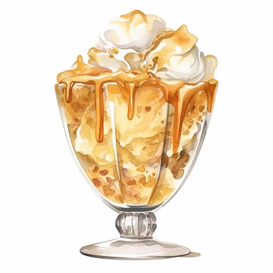 Watercolour of a toffee Ice Cream in a glass bowl , Clipart,Cartoon,hyper realistic, intricate detail isolated on a white background, high quality, sublimation, detailed, cartoon style