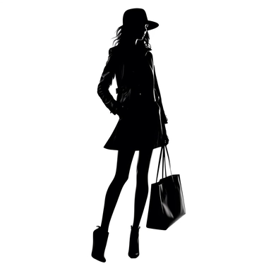 clipart girl silhouette in black with a bag in hand white background