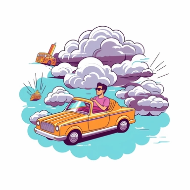 Driving a car on the clouds clipart. White background.
