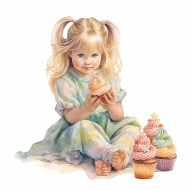 vintage adorable little girl eating eating rainbow cupcakes, full body, pastel beige colors, clipart style, accurate details, watercolor technique, super high quality, professional watercolor clipart, high resolution