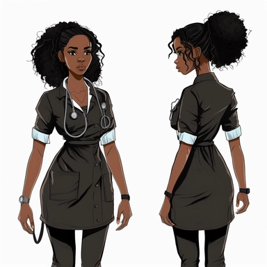 Black African Nurse girl, black hair, pun hair style style, Clip art, hand drawn, cartoon, concept art, full body, back shoes, ar 2:3, white background, stethoscope around neck