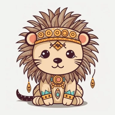 cute lion indian chief, kawaii style, vecotr clipart, black outline