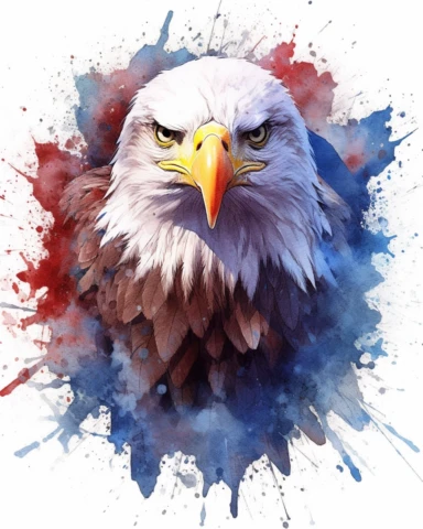 Watercolor American eagle, American Flag, double exposure, integrated, red white and blue, unreal engine, splashed, clipart, white background
