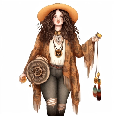 spunky boho plus size woman, fair skin and dark hair, cute, modern, semi-realistic, spiritual, witchy, clipart, fantasy, white background, high quality, beautifully accurate illustrations