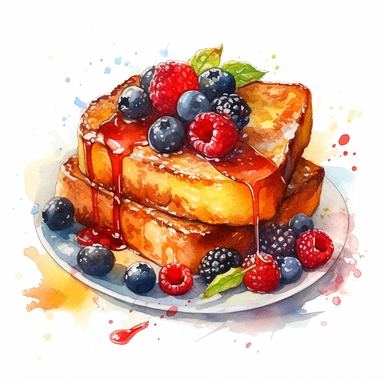 png clipart on a white background of a mesmerizing watercolor clear-lined illustration. The composition is central with a clear outline using bold and saturated complementary colors. the illustration is realistic and detailed depicting a delicious breakfast plate of french toasts with berries and syrup