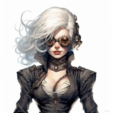 Solid white background. Waist-up illustration of a determined steampunk woman, her intense gaze and resolute smile reflecting her strong determination. Her fair skin and silver-white hair beautifully contrast her attire in shades of steel and platinum, a testament to Victorian elegance and steampunk aesthetics. Instead of a hat, she wears a sleek headband adorned with industrial motifs. The background lacks any steampunk elements. Pastel clipart, hyper-realistic, retro-futurism, solid white back
