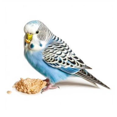 realistic detailed eating budgie, clipart, white background, no caption, no text
