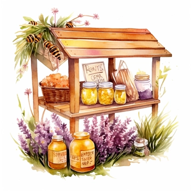 hand drawn honey stand, honey for sale, flowers and grass, shades of yellow and purple, very detailed, very realistic, watercolor, clipart style white background with margins