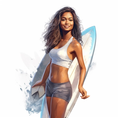 beautiful stunning pretty young surfer hawaiian woman , paint art style, clipart, white background, superrealistic, one of a kind