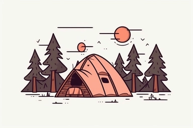 clipart design of a campsite in front of pine trees on a white background, simple design, cute style, clean lines