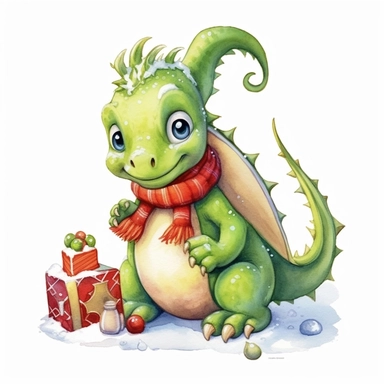 cute funny avocado green dragon, christmas tree with toys, red cardigan, snow, winter, style by Lusy Fleming, folk art, watercolor, clipart elements, smooth gradients, black contour outline, ultra detailed, white background, super clear, high quality
