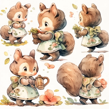 squirrel and Acorn, Little girl exploring, character sheet, illustration for book, children's book, 2 clipart, fiorucci angels, beautiful decoupage paper, pastel colors, white background clipartm, fantasy art, squirrel ears, perfect eyes, detailed body, Watercolor Clipart, strybk, full Illustration, 4k, sharp focus, watercolor, smooth soft skin, symmetrical, soft lighting, detailed face, concept art, watercolor style, strybk, children's style fairy tales, chibi kawaii, Octane rendering, 3d. Perf