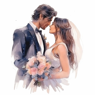 Glamorous and romantic wedding realistic watercolor, the beautiful bride and groom looking at each other with love. Smiling and happy wedding coupe. The bride is wearing long dark hair wearing boho jewelry and a veil, translucent, multi-layered, and delicate, with a bouquet of flowers of very delicate colors, fashion photography, watercolor clipart