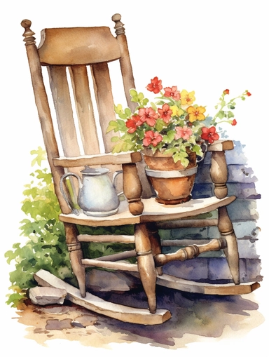 watercolor, vintage, country, beautifully carved, extreme detail, wood rocking chair in the garden with flower pots next to it on the ground, beautifully carved arm rests and on white background, clip art