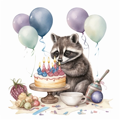 clipart of baby raccoon in birthday party with a balloons, cake with candles, illustration on white background, in the style of victorian - era clothing, embroidery, beatrix potter, 32k uhd, grainy, flickr, plush doll art, watercolor art by Susan Wheeler and Marjolein Bastin