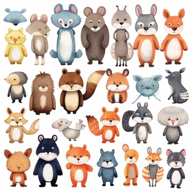 pixar style, Happy, cute, fluffy, forest animals, woodland creatures, Hand painted, watercolor, forest animals clip art, nursery decor, bear, fox, owl, hedgehog, rabbit, deer, commercial style, 8K resolution, f1.4, transparent background, cartoon style, full body, black border, digital drawing cartoon sticker, 2D