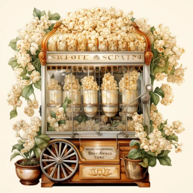 A realistic high detailed watercolor wedding popcorn machine, pastel colors, in the style of digital print, clipart, illustration, sticker, ultra high definition, rich details, 32K, HD