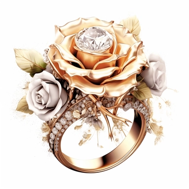 jewellery gold solitaire ring with diamonds near roses digital clipart on white background