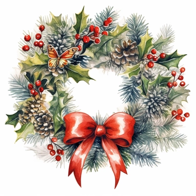 Create a watercolor clipart of a beautiful Christmas wreath adorned with traditional holiday elements like holly, berries, pine cones, and ribbons, very detailed, Cartoon,hyper realistic, intricate detail, illustration style,high solution,on the white background