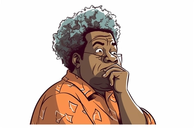 a cute matured melanin plus size man with gray afro detailed, thinking with on hand under chin thinking, full head and shoulder shot, white background, cartoon style, clipart, isolated, no signatures, rich colors, 8k, with studio lighting